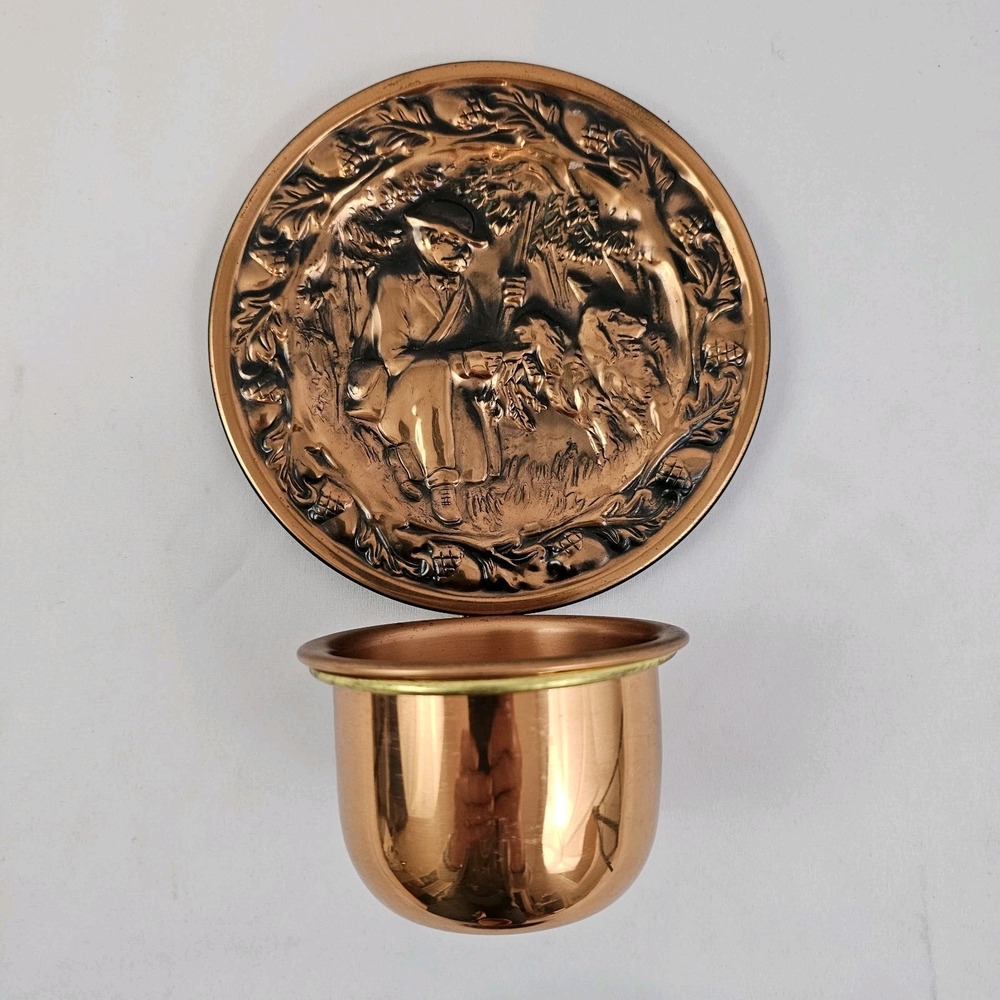 Vintage Coppercraft Candle Holder Pair Wall Pocket Planter Hunting Dogs - Picture 6 of 13
